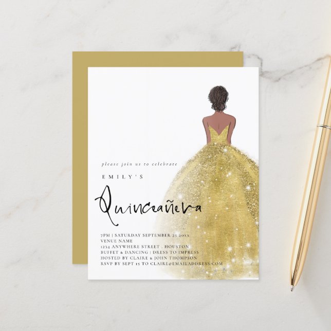 Budget Guld Gown Girl Mörk Hair QR Quinceañera (Fram/Back In Situ)