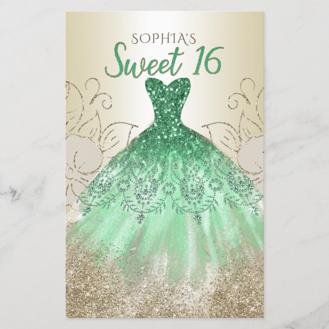 Budget Guld Grönt Dress Sweet 16-inbjudan (Framsida)