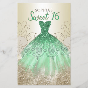 Budget Guld Grönt Dress Sweet 16-inbjudan
