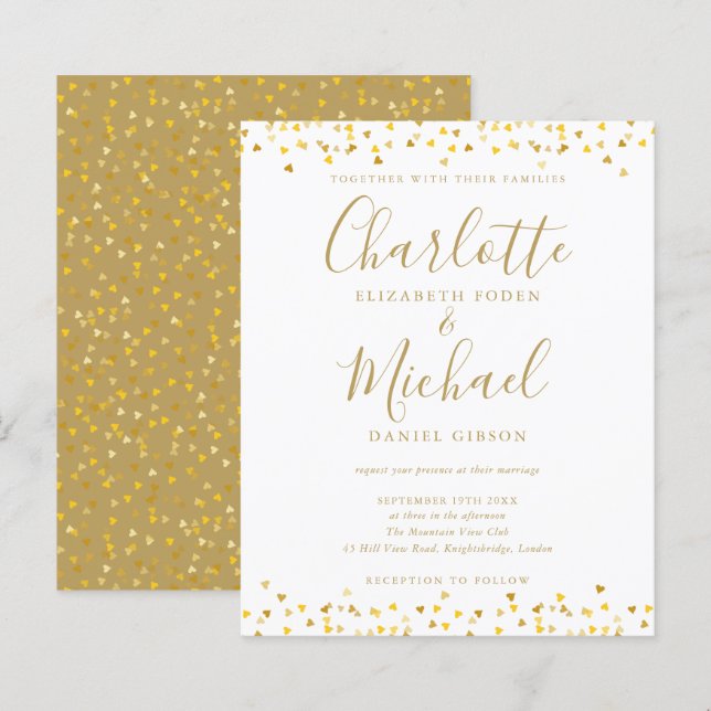 Budget Guld Hjärtan Konfetti Skript Bröllopsinbjud (Fram/baksida)
