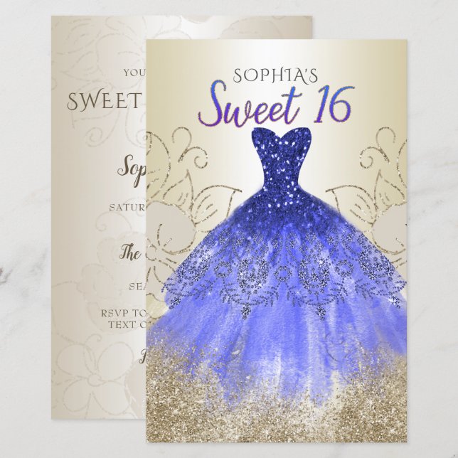 Budget Guld Royal Blue Dress Sweet 16-inbjudan (Fram/baksida)