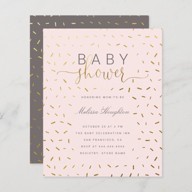 Budget Guld Sprinkle Confetti & Rosa Baby Shower (Fram/baksida)
