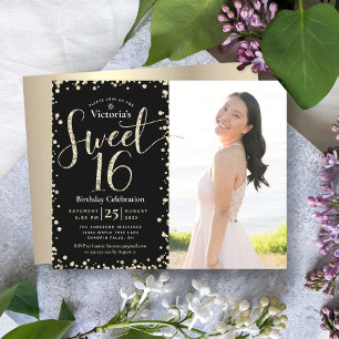 Budget Guld Svart Glitter Foto Söt 16-årsfest Inbj
