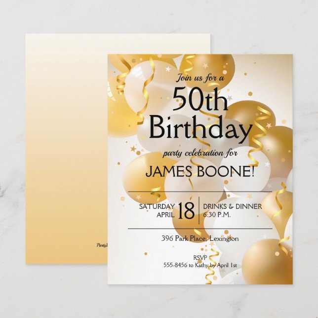 Budget Guld White Balloons Birthday-inbjudningar (Fram/baksida)