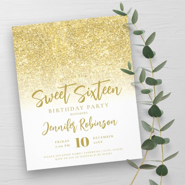 Budget Guld White Glitter Sweet 16 Inbjudan Flygblad (Budget Gold White Glitter Sweet 16 Invite Flyer)