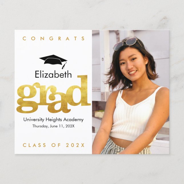 Budget Guld White Photo Cap Studenten-inbjudan (Framsida)