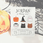 Budget Halloween Friends Modern Boy Födelsedagsfes<br><div class="desc">Den här moderna designen har födelsedagspojkens namn i stort huvudstad brev i ett av mina favoritdekorativa typsnitt, nedanför, så visas hans ålder i söt manustypografi. Under, i mitten på kortet, finns det 6 Halloween-vänner: en pumpa, en vampyr, en häxhatt, en svart katt, ett spöke och en varulv! De illustreras alla...</div>