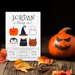 Budget Halloween Friends Modern Boy Födelsedagsfes<br><div class="desc">Den här moderna designen har födelsedagspojkens namn i stort huvudstad brev i ett av mina favoritdekorativa typsnitt, nedanför, så visas hans ålder i söt manustypografi. Under, i mitten på kortet, finns det 6 Halloween-vänner: en pumpa, en vampyr, en häxhatt, en svart katt, ett spöke och en varulv! De illustreras alla...</div>