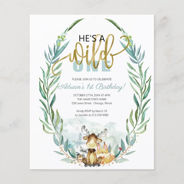 Budget Han är en Vild en första födelsedagsinbjuda (Framsida)