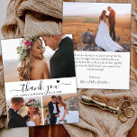 Budget Heart Script Collage Bröllop Tack Flygblad<br><div class="desc">Budget, Modern, Tack med minimalistisk Elegant, skript 3 Photo Collage Bröllop Tack-personlig, prisvärd lågbudgetflygare. Snyggt bröllop tackar dig för en papper mall med fyra (3) foto på framsidan och ett foto på baksidan. Med texten "Tack" i ett glatt, stavat skrivstil med svan och litet kärlek-hjärta i svartvitt. Vid säkerhetskopiering med...</div>
