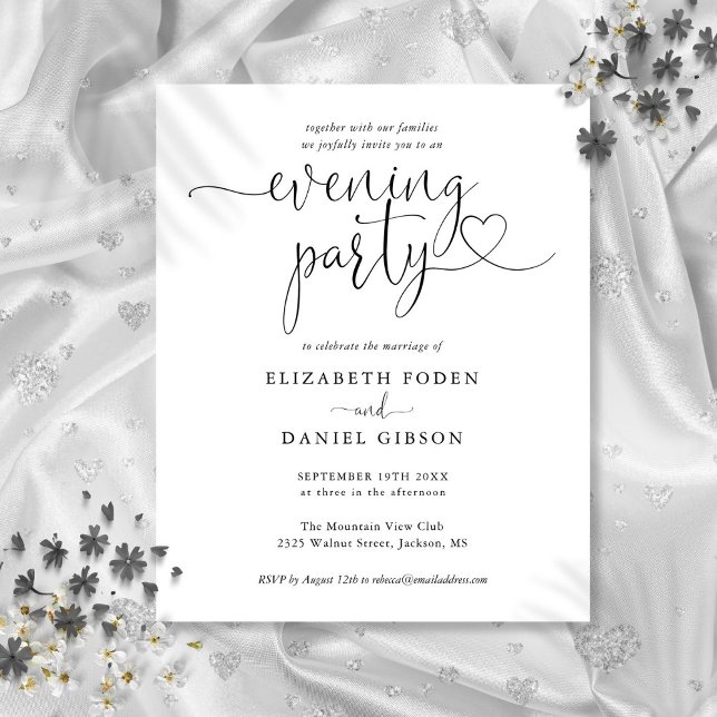 Budget Heart Script Kvällsparty Bröllopsinbjudan (Budget Heart Script Evening Party Wedding Invite)
