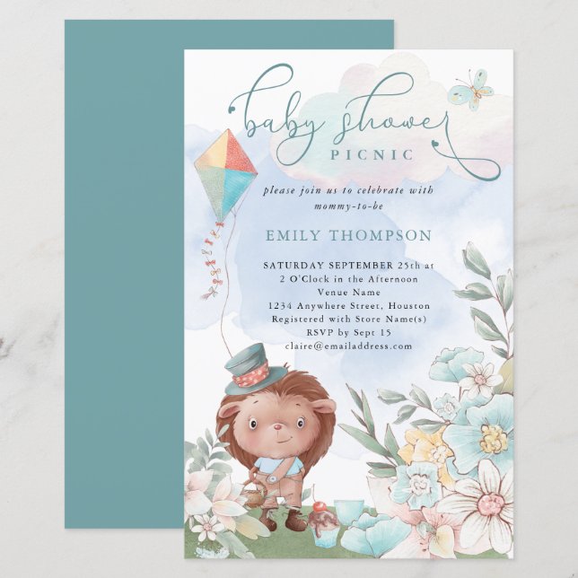 Budget Hedgehog Baby Shower Picnic Boy Inbjudan (Fram/baksida)