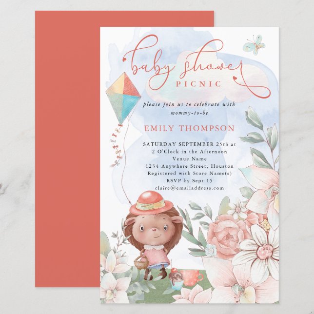 Budget Hedgehog Girl Baby Shower Picnic Inbjudan (Fram/baksida)