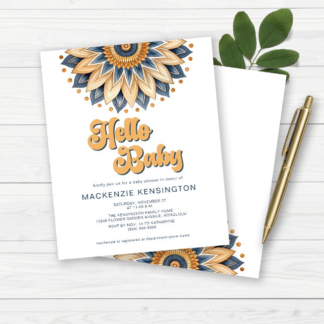 BUDGET Hej Baby blue Guld Retro Baby Shower (BUDGET Hello Baby Blue and Gold Retro Boho Baby Shower Invitation)