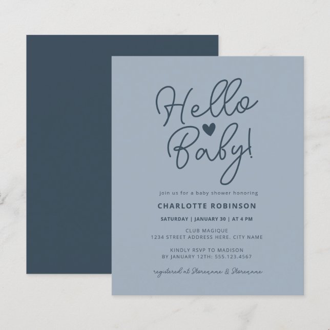Budget Hej Baby Dusty Blue Baby Shower Inbjudan (Fram/baksida)