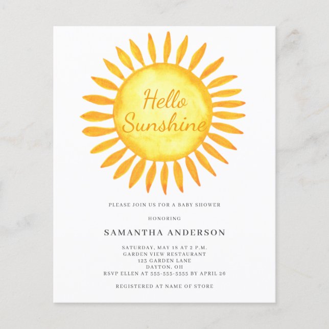 Budget Hello Sunshine Baby Shower Inbjudan Flygblad (Framsidan)