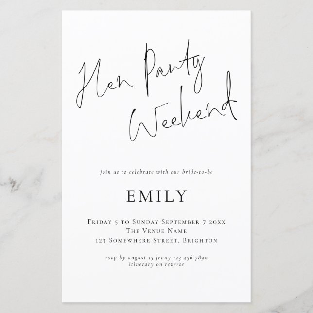 Budget Hen Party skript Itinerary Helg inbjudan (Framsida)