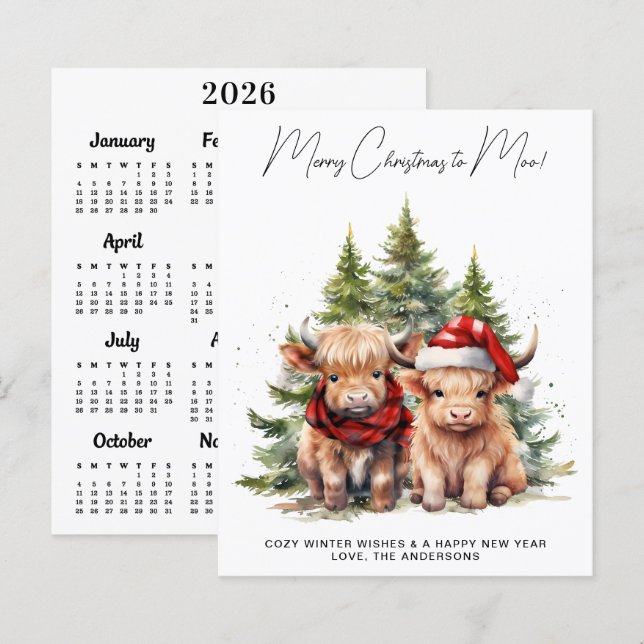 Budget Highland Cow 2027 Kalendern Julkort (Fram/baksida)