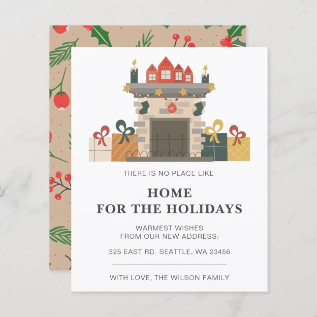 Budget Holiday Eldstad Vi Har Flyttat Julkort (Fram/baksida)