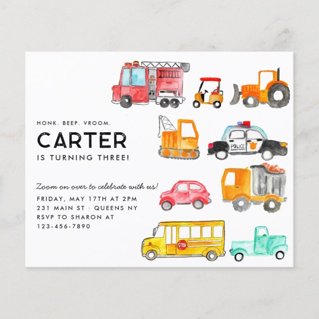 Budget Honk Beep Vroom Transport Kid Birthday Flygblad (Framsidan)