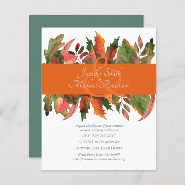 BUDGET Höst Höstlöv Bröllopsinbjudningar (Fram/baksida)