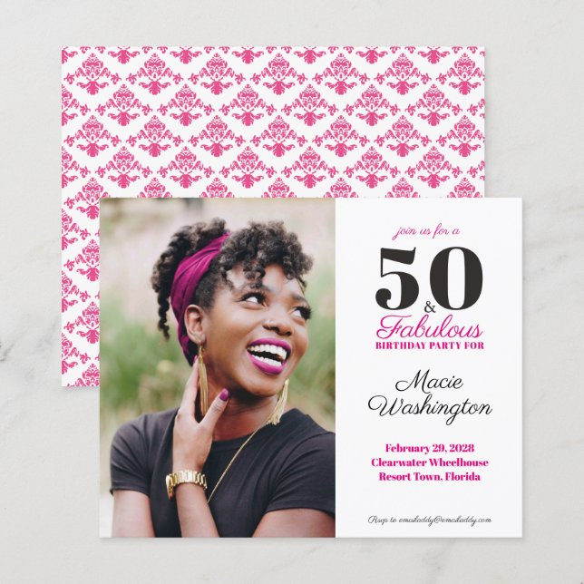 Budget Hot Pink Damask Mönster 50-årsdag (Fram/baksida)