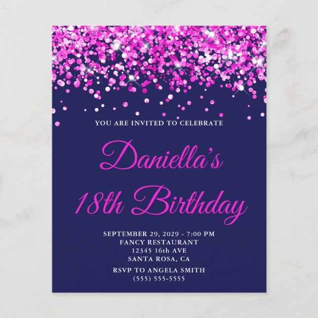 Budget Hot Pink Glitter Navy 18th Birthday Invite (Framsida)