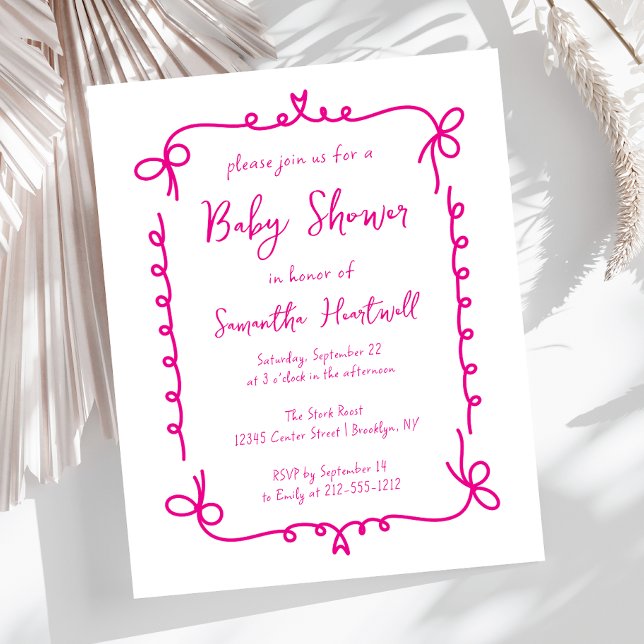 Budget Hot Pink Handritad Flickbaby Shower Inbjuda (Skapare uppladdad)