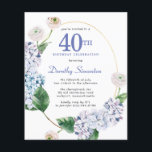 Budget Hydrangea Ro 40:e födelsedagsinbjudan<br><div class="desc">Blå vattenblommor och  ro dekorerar en guld oval ram. En öppen och vettig modern botanik.</div>