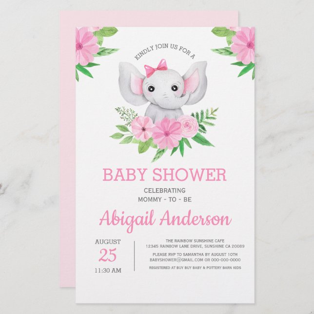 BUDGET Inbjudan till Blommigt av elefant för babys (Fram/baksida)