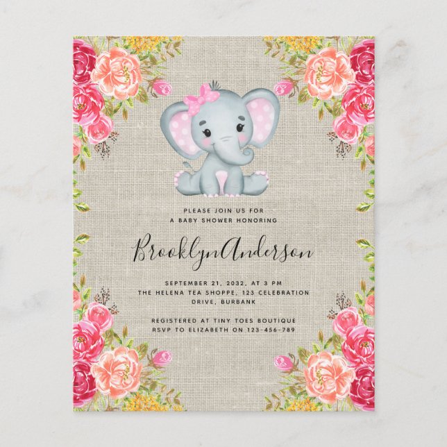 BUDGET Inbjudan till elefant Baby Shower (Framsida)