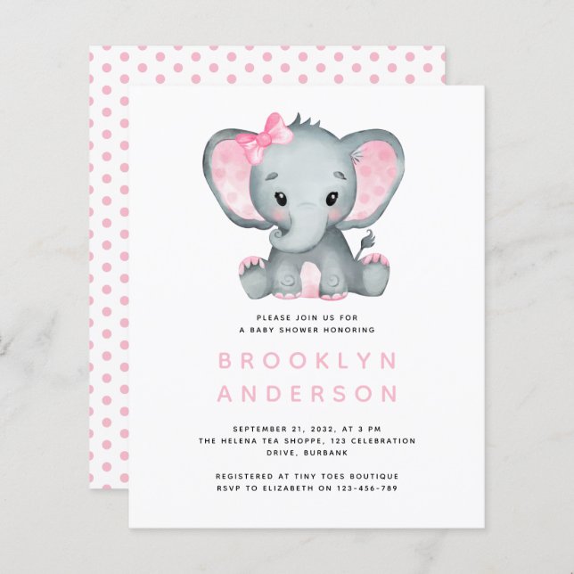 BUDGET Inbjudan till elefant Baby Shower (Fram/baksida)