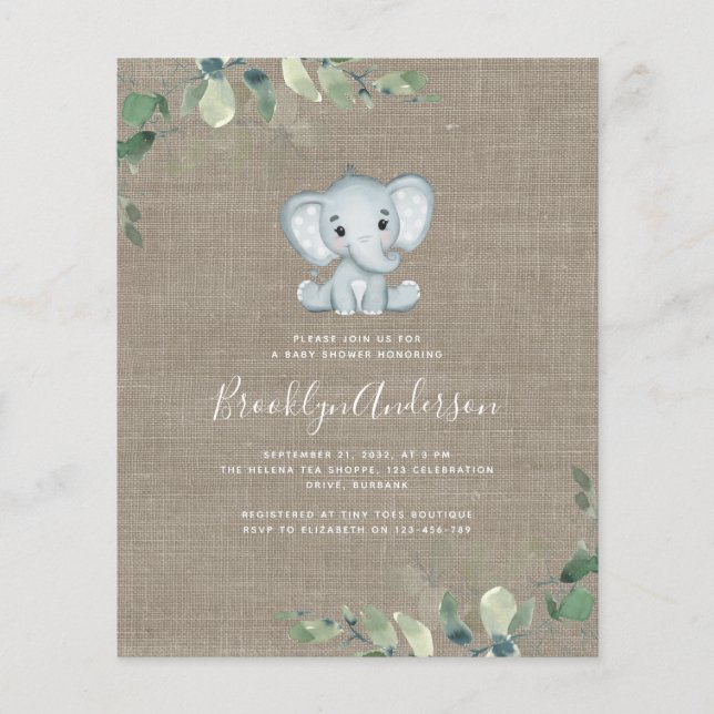 BUDGET - inbjudan till elefant Eucalyptus Baby Sho (Framsida)