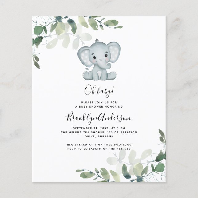 BUDGET - inbjudan till elefant Eucalyptus Baby Sho (Framsida)