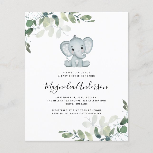 BUDGET - inbjudan till elefant Eucalyptus Baby Sho (Framsida)