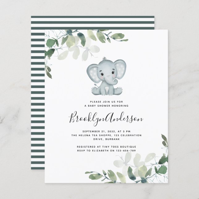 BUDGET - inbjudan till elefant Eucalyptus Baby Sho (Fram/baksida)