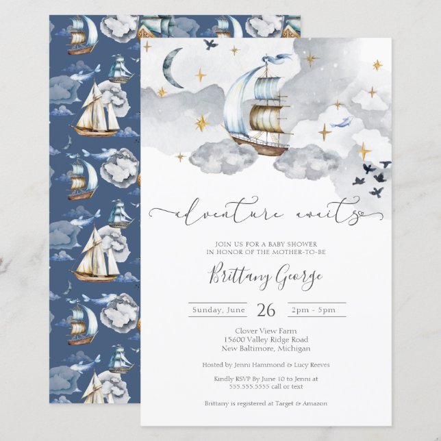 Budget - inbjudan till Nautical Fantasy Baby Showe (Fram/baksida)