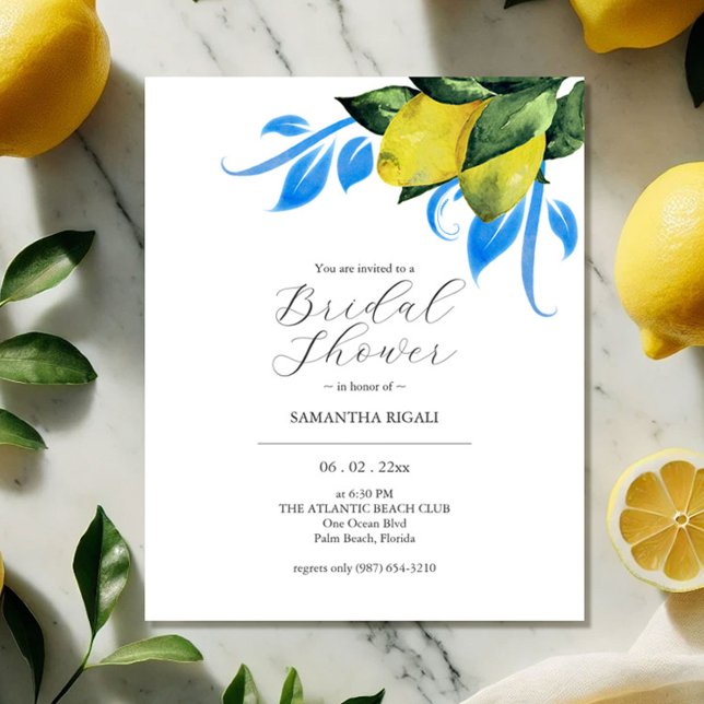 Budget Inbjudningskort för möhippa Watercolor Lemo Flygblad (budget bridal shower invitations watercolor lemons by Victoria Grigaliunas of Do Tell A Belle)