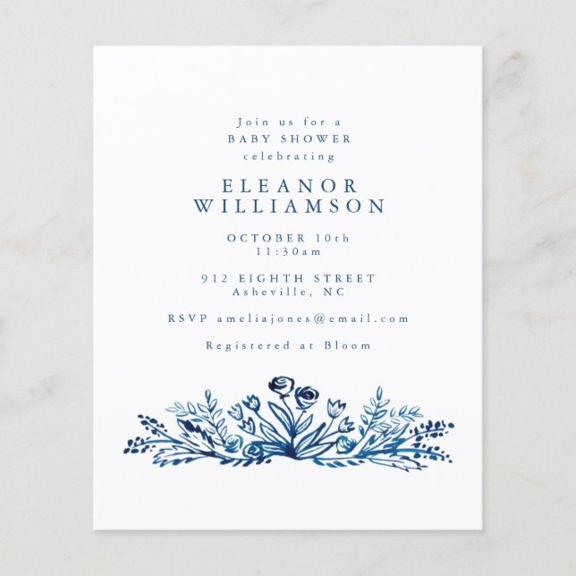 Budget Indigo Blue Bläck Blommigt Baby Shower Inbj (Framsida)