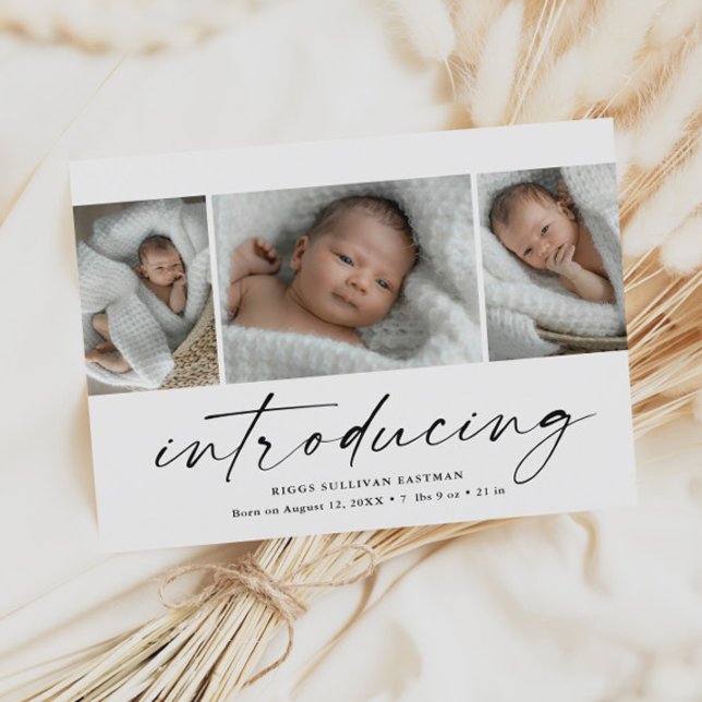 Budget Introducerar Baby 3 Foto Tack Kort (Modern introducing script 3 photo birth announcement baby thank you cards.)