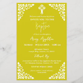 Budget Invitation Floral Cross Baptism Yellow Flygblad