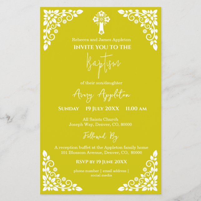 Budget Invitation Floral Cross Baptism Yellow Flygblad (Framsidan)