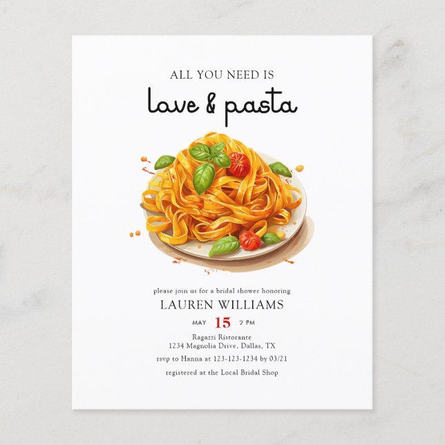 Budget Italienska Kärlek och Pasta Möhippa Inbjuda (Framsida)