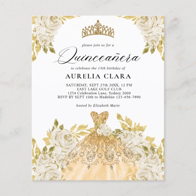 BUDGET Ivory Guld Dress Blommigt 15 Quinceañera (Framsida)