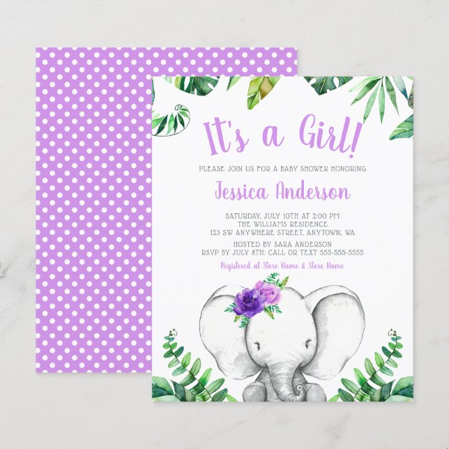 Budget Jungle Elephant Girl Lila Baby Shower (Fram/baksida)