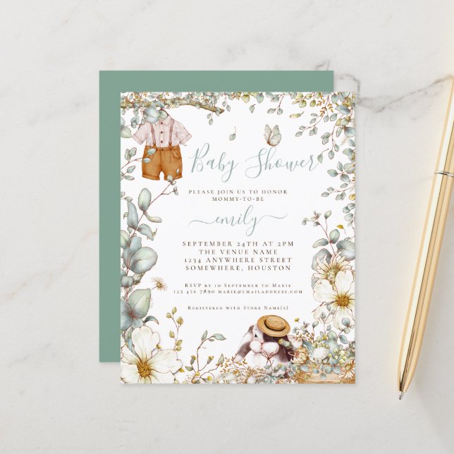 Budget Kanin Sage Pojke Baby Shower Inbjudan (Fram/Back In Situ)