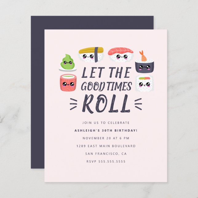 Budget Kawaii Sushi Rolls Födelsedagsfest (Fram/baksida)