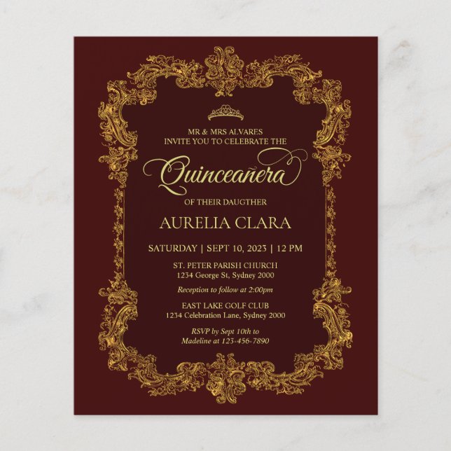 Budget Klassisk Elegant Röd Guld Quinceanera (Framsida)
