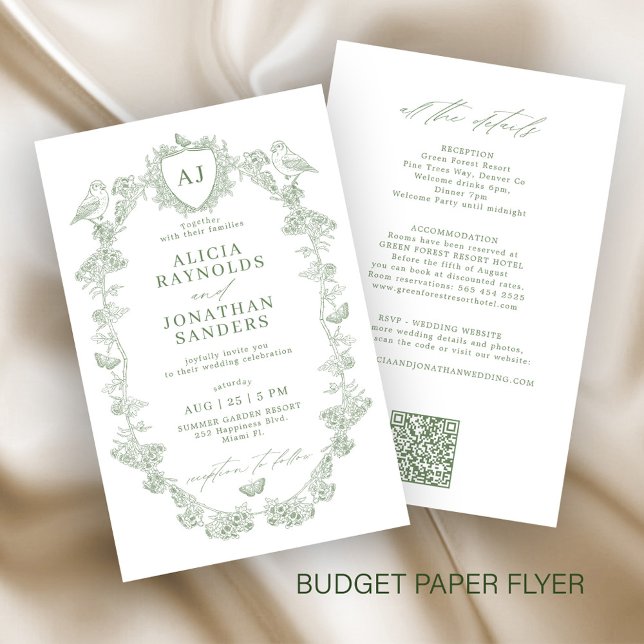 Budget klassisk sage allt-i-ett bröllopsinbjudan flygblad (Skapare uppladdad)