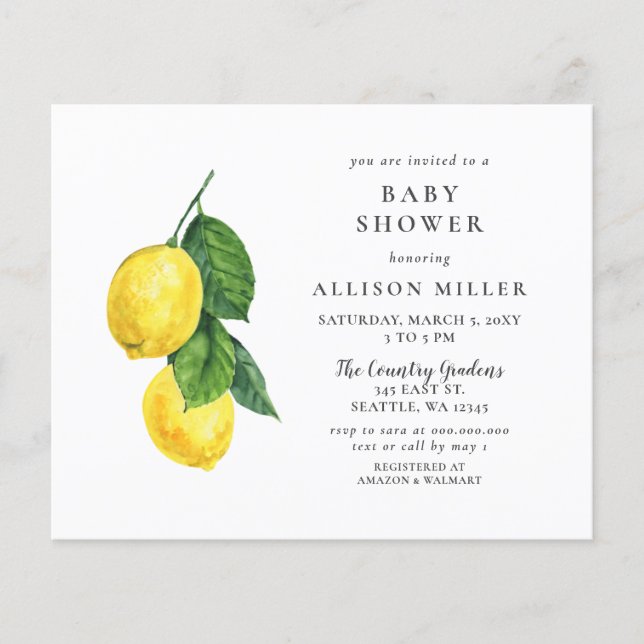 Budget Könsneutral Baby Shower-inbjudan med citron (Framsida)